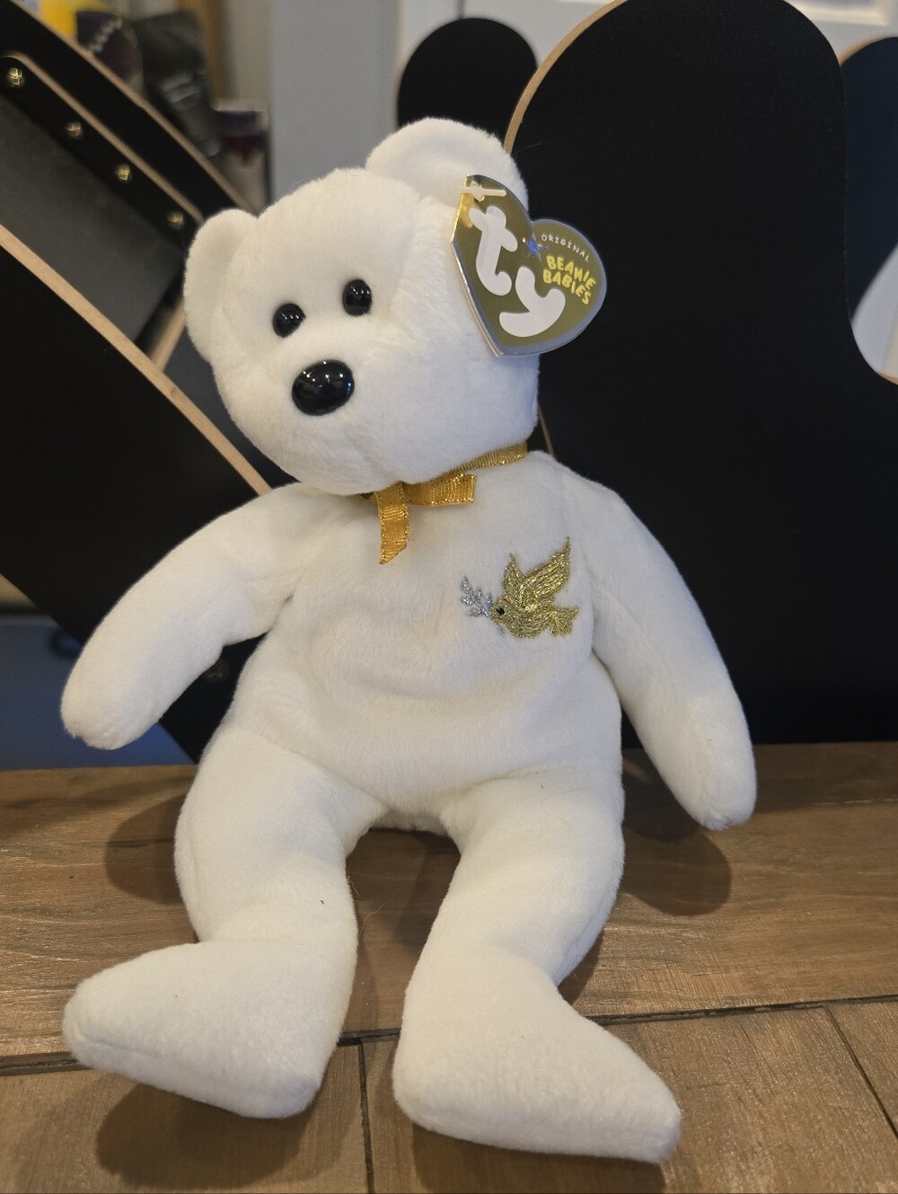 Vintage Ty Beanie Baby White Plush Holy Father Bear with Gold Ribbon Y2k 2005